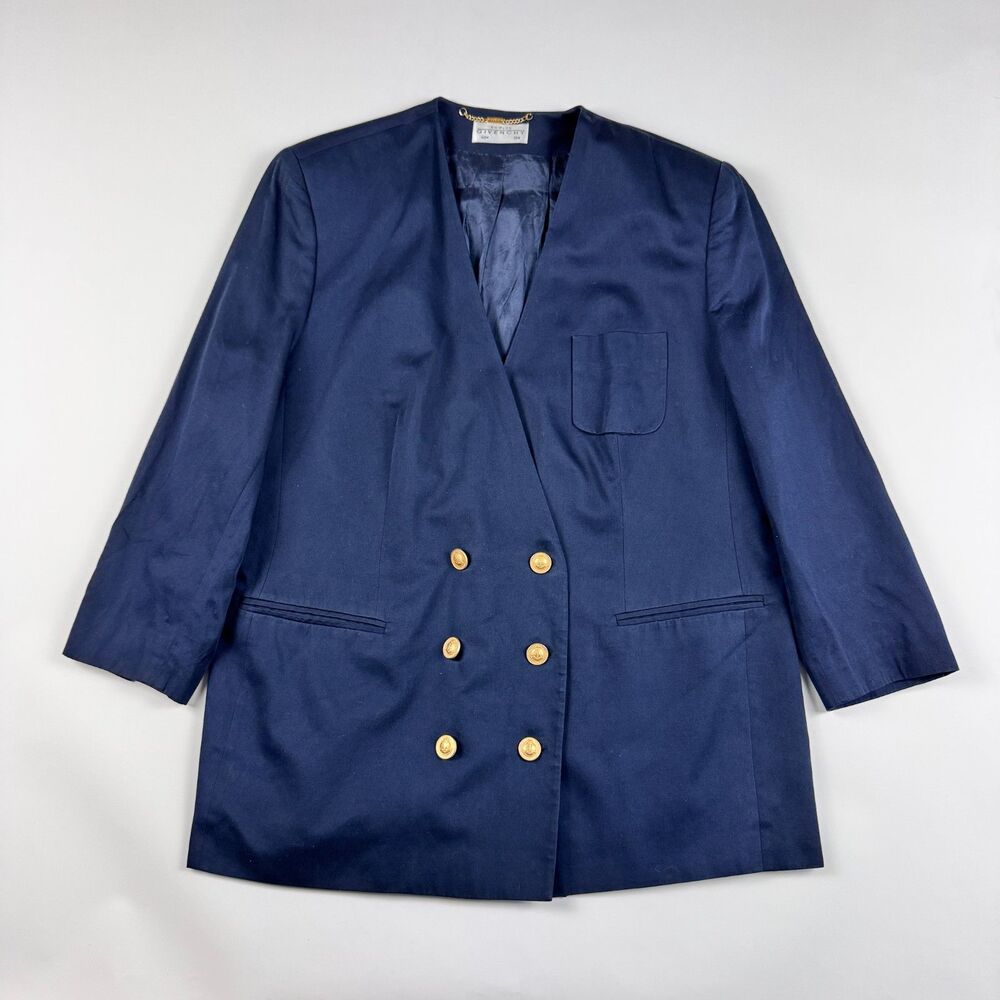 Givenchy Womens Vintage Blazer 18W Navy Blue Double Breasted Gold Chain 80s